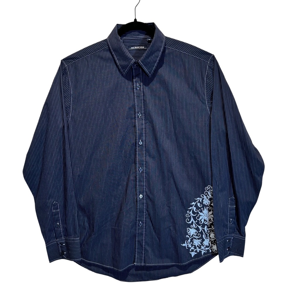 Red Level Nine‎ Button Up Shirt Men XL Blue Pinstripe Gothic Crest Y2K Artistic